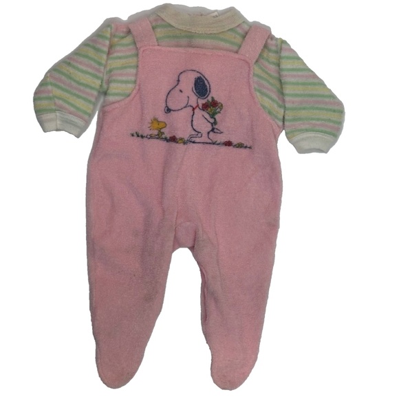 VTG 90s Snoopy Footie Romper 6M Terry Cloth Pink Overalls Woodstock Retro READ - Picture 1 of 8